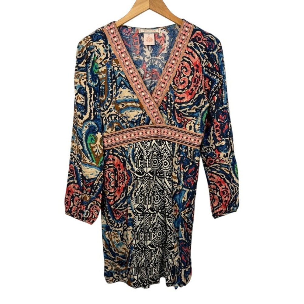 Flying Tomato‎ Paisley Mixed Print Boho Mini Dress Blue Red  Medium